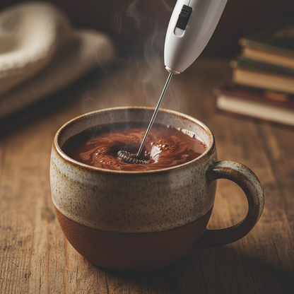 Frother whisking hot chocolate in a cozy mug