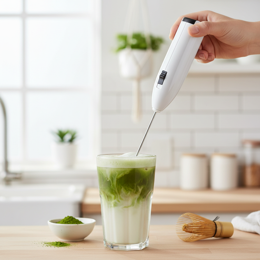 Frother making an iced matcha latte