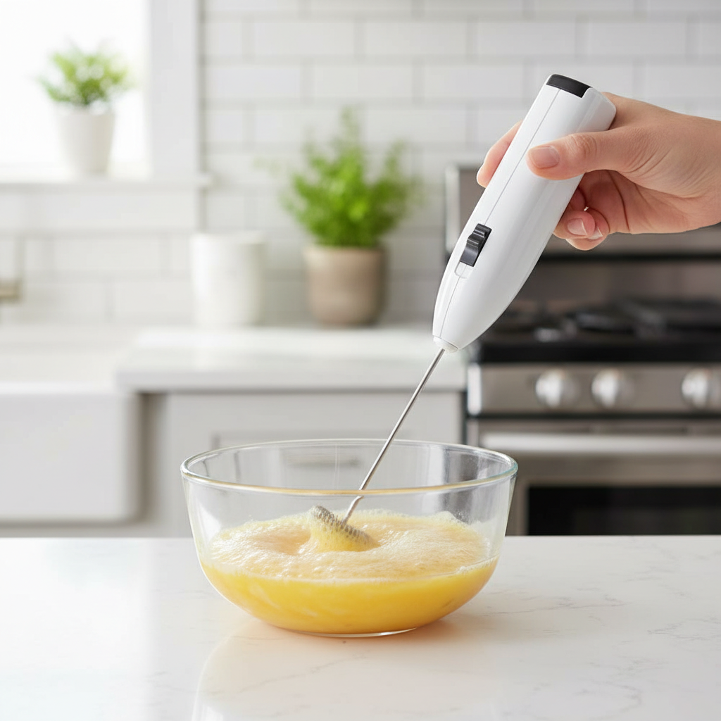 Frother whisking eggs in a glass bowl